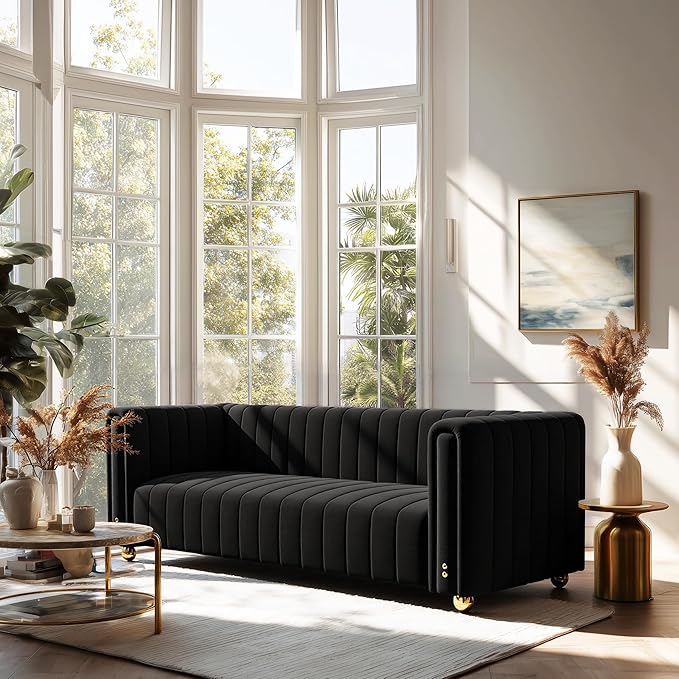 81 W Tufted Velvet CouchModern Velvet Sofa with Round Handrails and Metal Legs for Living Room Office Apartment (1 Black)