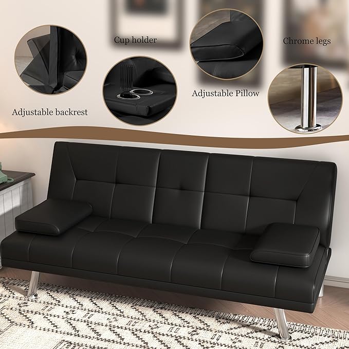Anwick Convertible Folding Futon Sofa BedModern PU Leather Sleeper Love Seat with 3 Reclining Backrest &amp Cup Holders67 Comfy Sofa Couches for Living Room Small Home Office (Black)