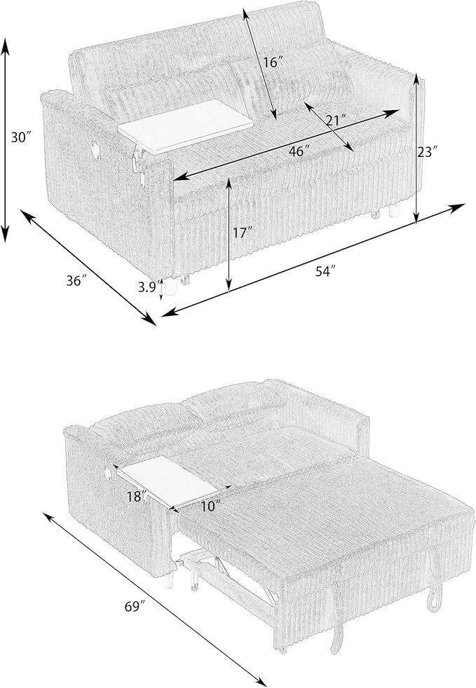 LUMISOL 3 in 1 Convertible Sleeper Sofa Bed 54 Loveseat Sofa with Pull Out Bed Corduroy Loveseat Futon Couch Bed with Side Table &amp USB Ports for Living Room Apartment Gray