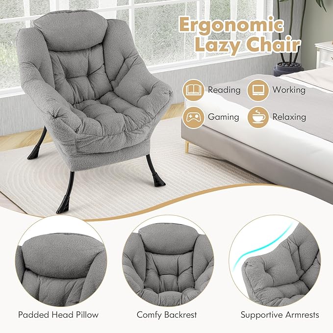 Byroce Lazy Chair Single Sofa Sherpa Chair with PP Cotton Filler Head Pillow &amp Zipper Design Modern Leisure Reading Chair Comfy Lounge Accent Chair for Living Room Bedroom &amp Home Office (