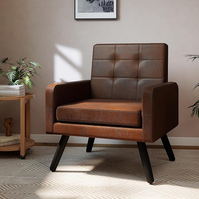 Accent Chair for Living Room Faux Leather Mid-Century Modern Armchair with Comfy Back Cozy Single Sofa Reading Chair 496 Lb. Weight Capacity for Bedroom Apartment Small Space Bronze