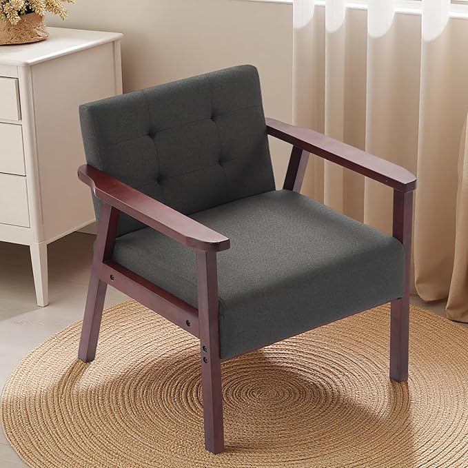 Mid-Century Accent ChairModern Fabric Living Room Chairs with Solid Wood FrameComfy Armchair Lounge Reading Chairs for Bedroom Office Small Spaces (Grey-Fabric)