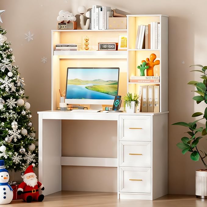 LVSOMT 40” Home Office Desk with Hutch and Drawers Computer Desk with Power Outlets and LED Light Study Writing Gaming Table with Storage Shelves Workstation for Bedroom White