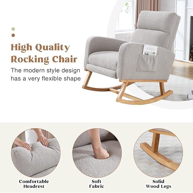 Rocking Chair Nursery with Foot Rest Teddy Nursing Rocking Chairs for Mom Nursery Rocker Glider Chair with Footrest for Living Room Bedroom Light Gray