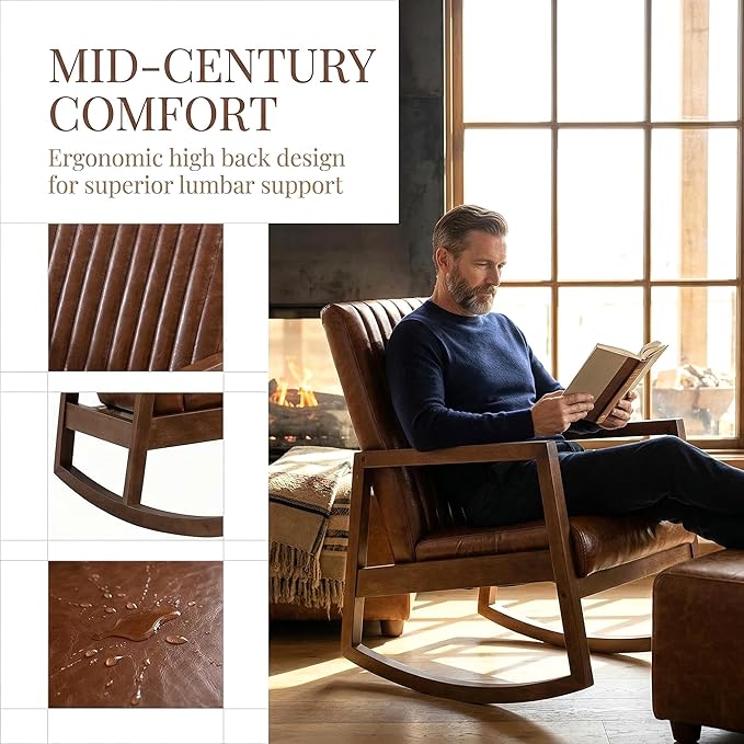 VESCASA Upholstered Rocking Chairs with Channel-Tufted Back Mid-Century Modern Comfy Oil Wax PU Leather Rockers with Black Walnut Wood Frame for Nursery Living Bedroom Indoor Set of 2 Brown
