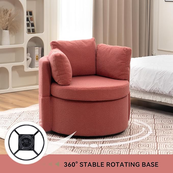 FOXHUNTER Swivel Barrel Chair 360 Degree Swivel Round Storage Chair with 3 Pillows Oversize Teddy Swivel Accent Chair Comfy Single Sofa Chair for Nursery Living Room Bedroom (Pink)