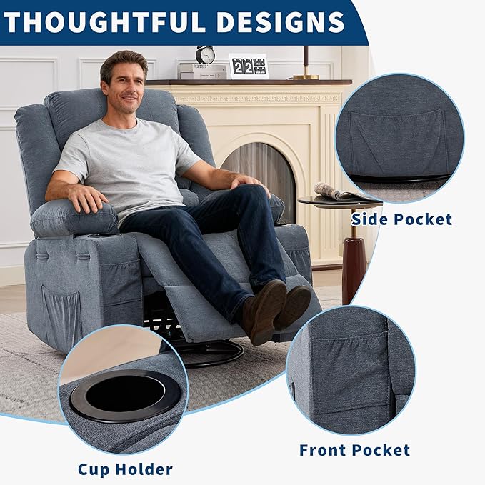 Swivel Rocker Recliner Chair for Adults 360° Rocking Manual Glider Sofa with 3 Positions 2 Cup 4 Pocket for Living Room or Nursery (Blue)