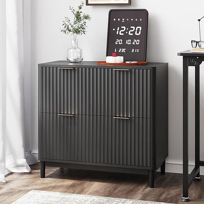 VINGLI 2 Drawer File Cabinet Home Office Filing Organizer for Letter Legal A4 Size File Folder Storage Modern Style Fluted Design Wood Lateral Filing Cabinet Printer Stand Archivador Black
