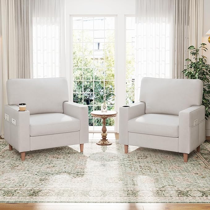 Actinidia Oversized Accent Chair with Cup HoldersMid Century Modern Upholstered Living Room ChairHigh Back Single Sofa ChairReading Armchair for Bedroom Apartment Waiting Room Office White