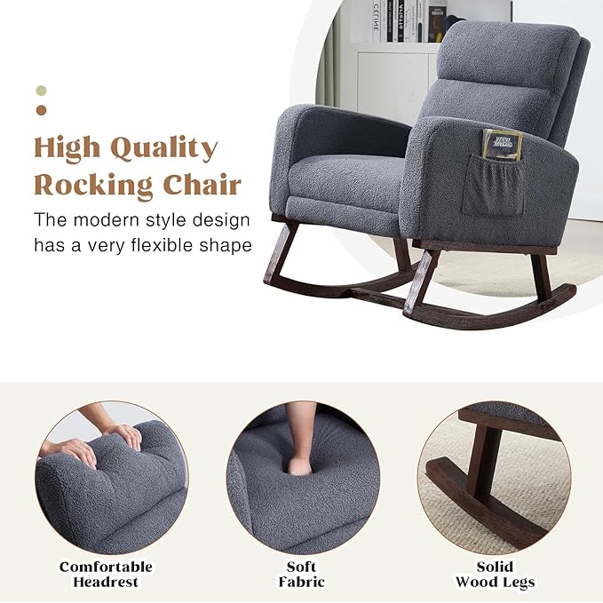 Rocking Chair Nursery with Foot Rest Teddy Nursing Rocking Chairs for Mom Breastfeeding Rocker Glider Chair with High Backrest for Living Room Bedroom Blue Grey