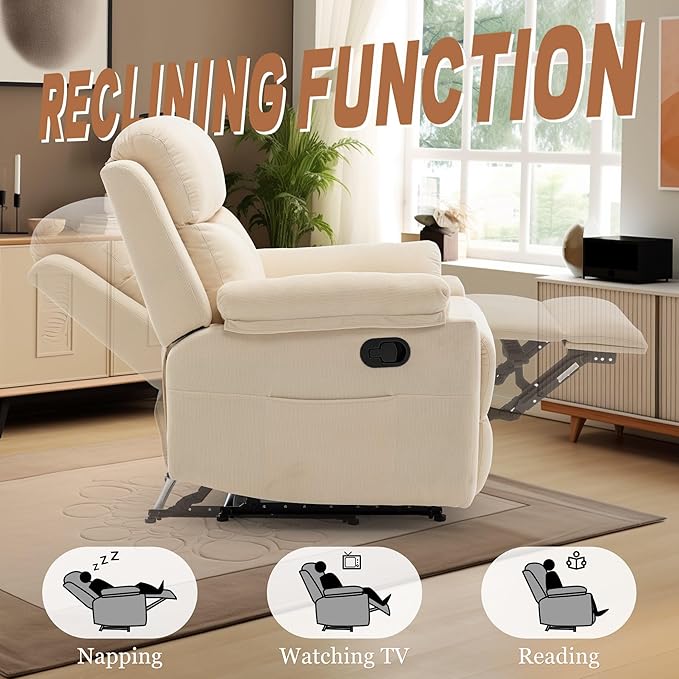 Recliner Chair Small Recliners for Small Spaces Upholstered Manual Recliner with Side Pockets Comfy Corduroy Chairs for Living Room Bedroom Reading Beige