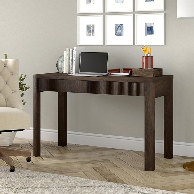 Henn&ampHart 48 Fluted Modern Rectangular Wooden Home Office Desk Computer Desk Writing Table with 2 Ribbed Storage Drawers for Bedroom Living Room or Home Office Warm Brown