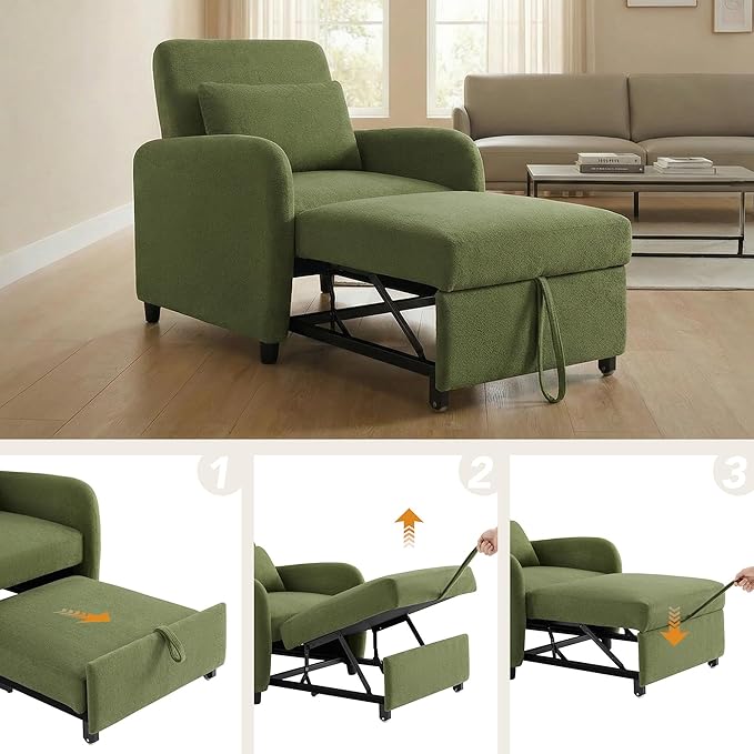 CHITA Sleeper Chair 3-in-1 Pull Out Convertible Single Sofa Bed with Adjustable Backrest Chenille Chaise Lounge Chair for Living Room Bedroom &amp Apartment Moss