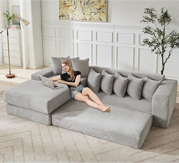 L Shaped Modular Cloud Couch with 8 Pillows Modern Corduroy Boneless Sectional Sofa with Large Chaise for Living Room Office Studio Flat Left Facing Chaise Compressed Sofa (Light Grey)