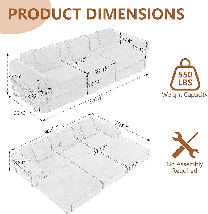 Oversized Cloud Modular Sectional Couch 3-in-1 Modular Floor Sofa with Deep Seat 3-Seater Folding Sofa Bed with 3 Pillows Large Sectional Couches for Living Room No Assembly Required Beige