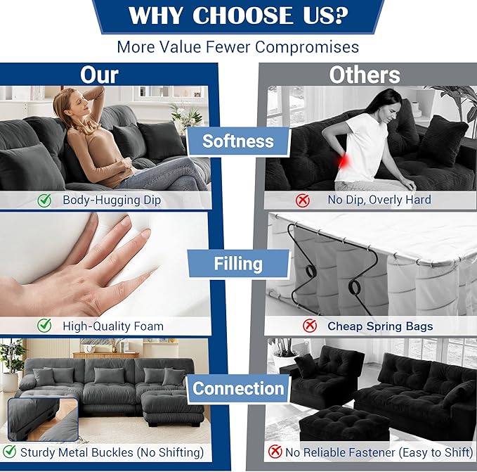 Oversized Cloud Couch Fluffy Sectional Couch for Living Room L Shaped Sofa with Movable Ottoman Chenille Grey