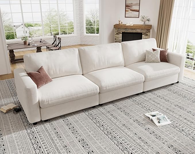 KKL Modular Sectional Sofa Couches for Living Room 113 Sofa Couch with Adjustable Backrest 3 Seater Sofa Couch with Comfy Cushion Chenille Beige