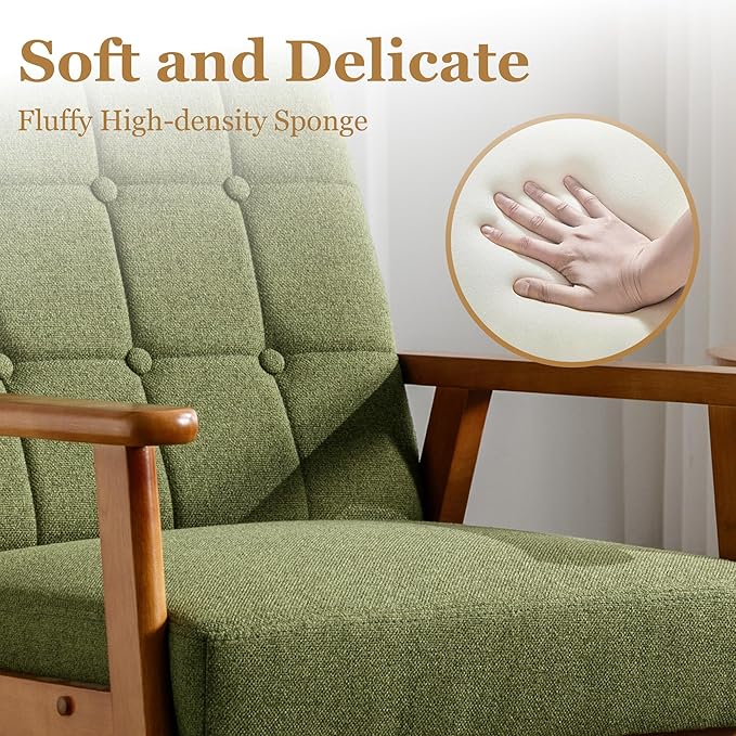 Modern Accent Chair Mid-Century Linen Armchair with Solid Wood Armrests Button-Tufted Comfortable Cushioned Reading Chairs for Living Room Bedroom (Green