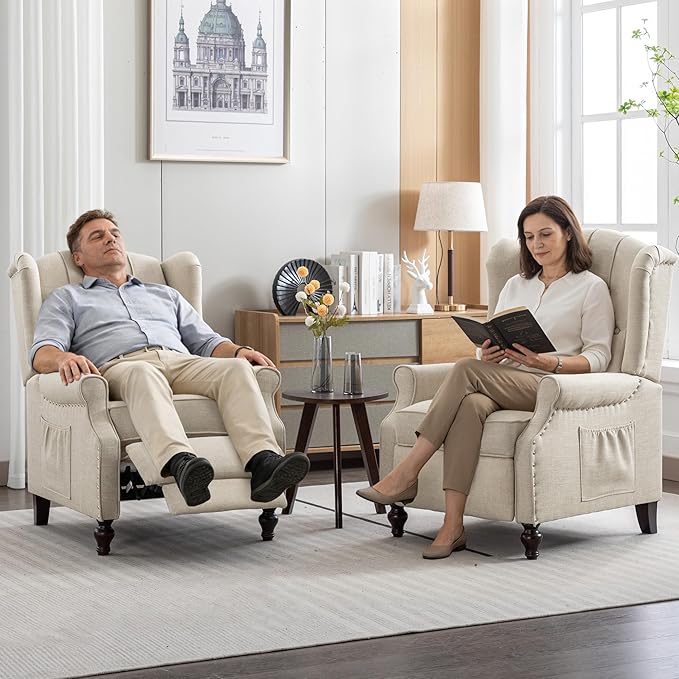 BINGTOO Push Back Recliner Chair with Massage and Heat Mid Century Tufted Fabric Wingback Chair with Rivet Decoration for Living Room Bedroom Beige 2 Chairs