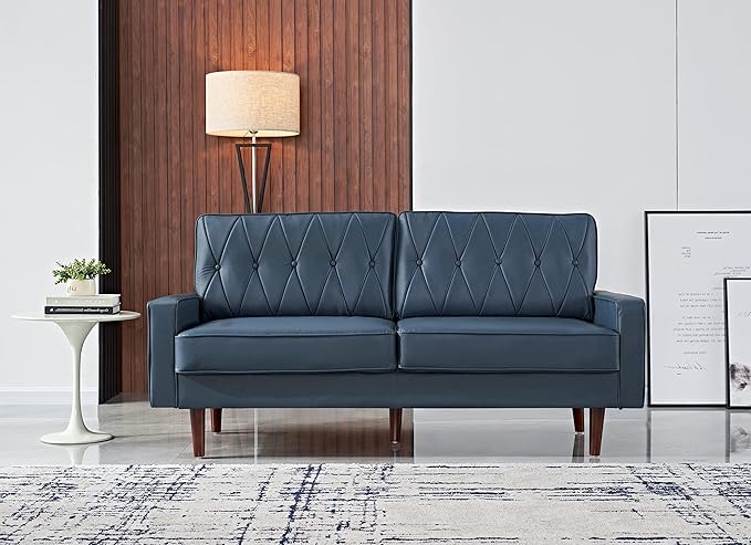 Container Furniture Modern Style Faux Leather Sofa with Elegant Round Tapered Legs and Button Tufted Backrest Perfect for Living Room Bedroom or Home Office 69.3’’ Wide Blue