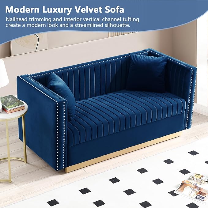mikibama Modern Velvet Loveseat Sofa 61.4 Inch Vertical Channel Tufted Sofa Couch Luxury 2 Seater Couch with 2 Pillows and Gold Metal Legs for Living Room Bedroom Apartment Blue