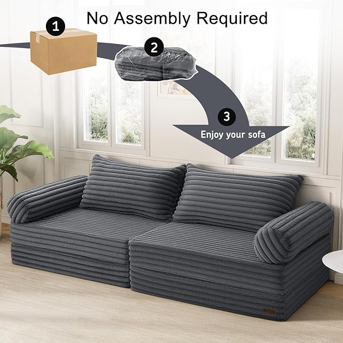 MeMoreCool Convertible Sofa Bed Folding Floor Couch Bed Queen Pull Out Sleeper Couch with Pillows Fold Out Futon Sofa for Bedroom Living Room Small Space Corduroy Grey