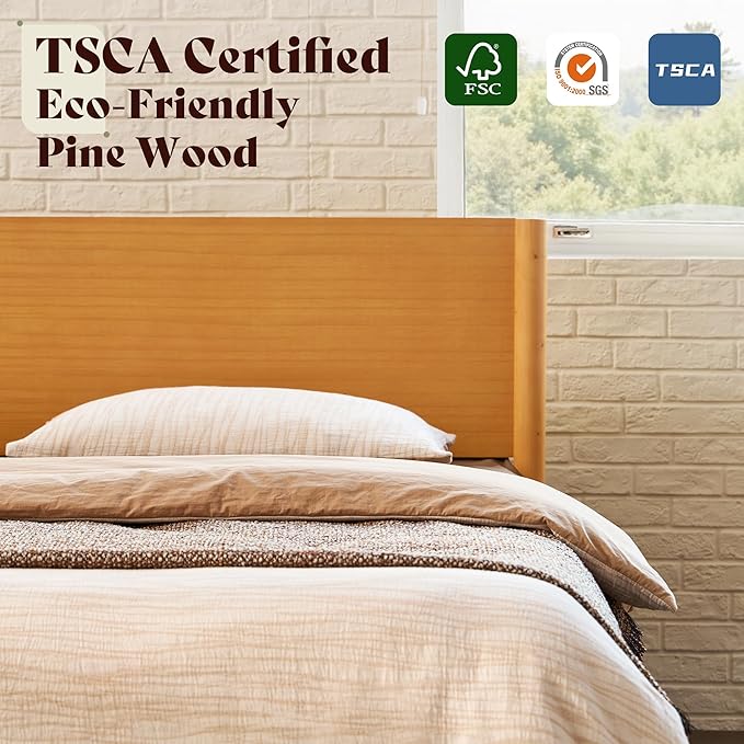 AMERLIFE Solid Wood Queen Bed Frame Mid Century Modern Platform Bed with Full Panel Headboard Wooden Bed with Cylindrical Legs No Box Spring Needed &amp Noise-Free Natural Wood