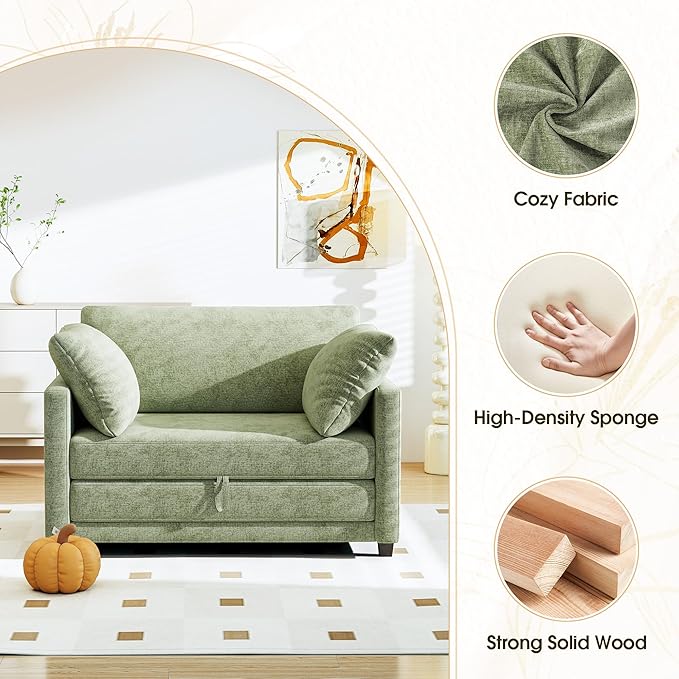 51 Convertible Loveseat Sofa Bed 2-in-1 Folding Sofa Bed with 2 Pillow for Small Spaces Modern Loveseat Compact Sleeper Couch for Apartment Living Room &amp Guest Room (Light Green)