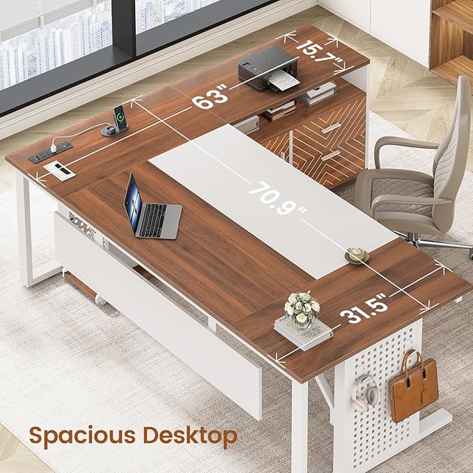 SEDETA 71 Executive Desk with Rolling File Cabinet Large Office Desk with Drawers L Shaped Computer Desk with Power Outlets CPU Stand Pegboard and Storage Shelves White