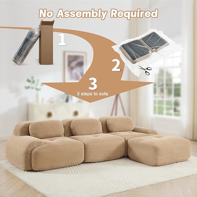 117 Boneless Couch L-Shaped Modular Sectional Sofa for Living Room Compressed Sofa with Deep Seat Corduroy Cloud Couch with Ottoman No Assembly Needed
