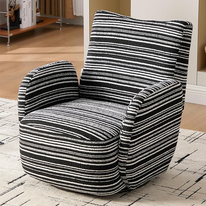 360° Swivel Accent Chair with Armrest Modern Striped Upholstered Lounge Chair Stable Round Base &amp Sturdy Metal Frame Armchair for Bedroom Living Room Office &amp Vanity (Black)