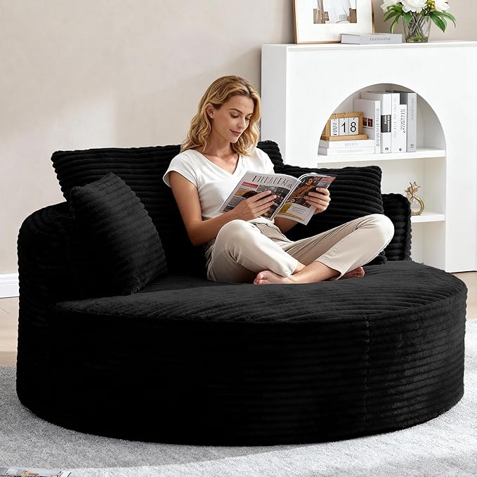 Oversized Round Chair Lounge Chaise Indoor 53.5 Corduroy Boneless Round Chair Fluffy Single Deep Seat Cloud Sofa Chairs Modern Circle Chaise Lounge for Bedroom Living Room Black