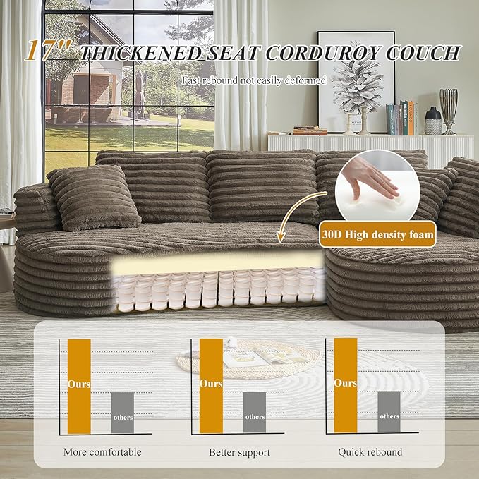 120'' Boneless Modular Sectional Curved Sofa Upholstered Cloud L Shaped Couch with Chaise Oversized Home Sofa Living Room Corduroy Couch No Assembly Required (Dark Brown Right Facing Chaise)