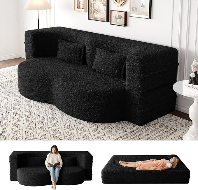 Folding Sofa Bed15 Full Size Boneless Couch for Living Room Teddy Fabric Foam-Filled Convertible Loveseat Sleeper Sofa Bed (Black-Teddy)