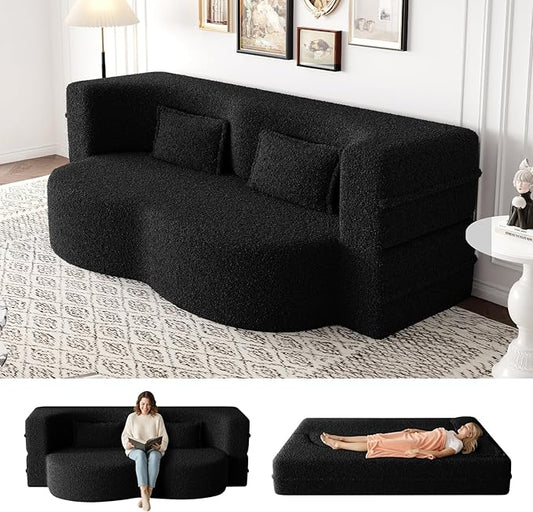 Folding Sofa Bed15 Full Size Boneless Couch for Living Room Teddy Fabric Foam-Filled Convertible Loveseat Sleeper Sofa Bed (Black-Teddy)