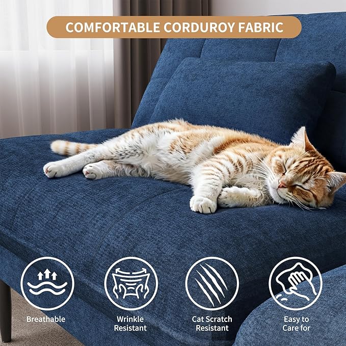 70 inch Convertible Futon Sofa Bed Velvet Sleeper Sofa with Adjustable Backrest Thick Fill and Convertible Modules 4 in 1 Loveseat Couch for Living Room Blue