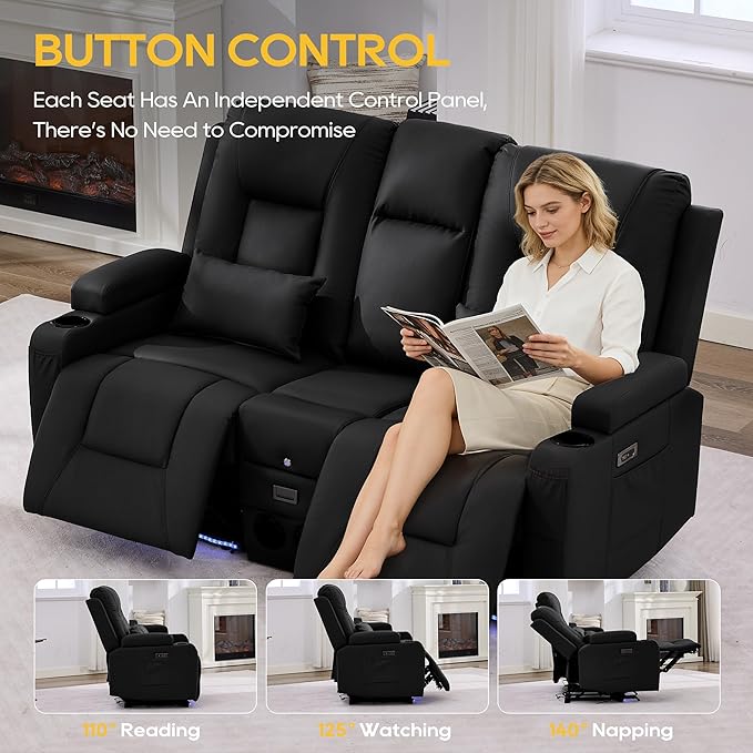 IPKIG Power Recliner Loveseat with Console Zero Wall Hugger Sofa Couch Faux Leather 2-Seater Sofa with LED Lights AC Outlets USB Ports Cup Holders Charcoal Black | Storage Drawer Bluetooth Spea