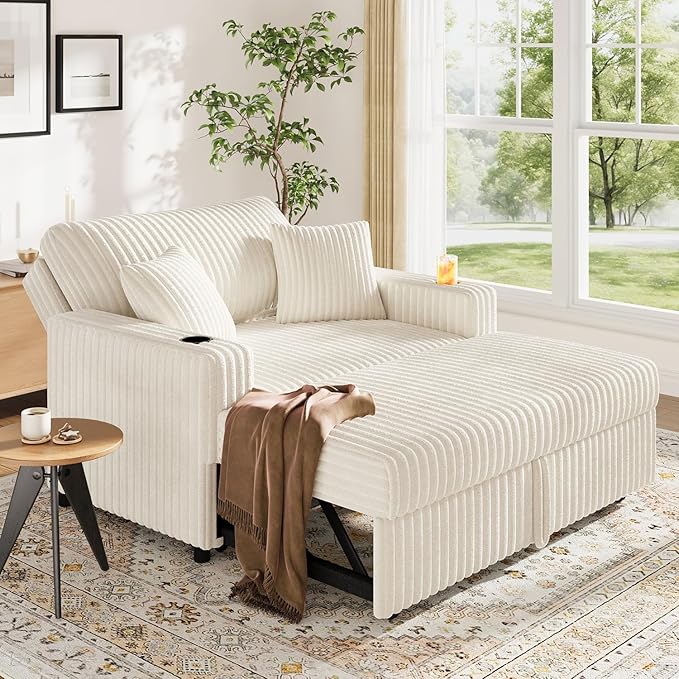 52” 3-in-1 Convertible Pull-Out Sofa Bed Sleeper Loveseat with Built-in Cup Holders Reclining Backrest Pet-Friendly Corduroy Sofa for Small Space - White