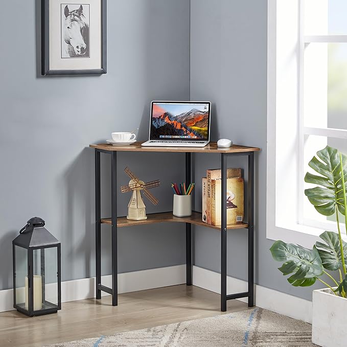 VECELO Small Corner Computer Desk 33 x 23 inches with Storage Shelves for Small SpacesTriangular ShapeBrown