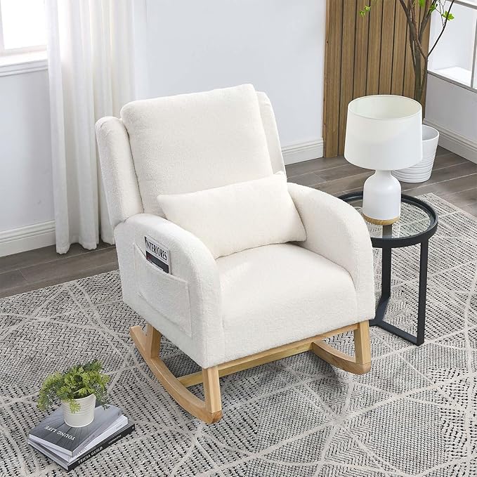 Antetek Rocking Glider Chair for Nursery Wingback Accent Rocker Chair Upholstered Tall Back Arm Chair w/Side Pockets Modern Leisure Single Sofa for Living Room Hotel Bedroom Baby Room Cream