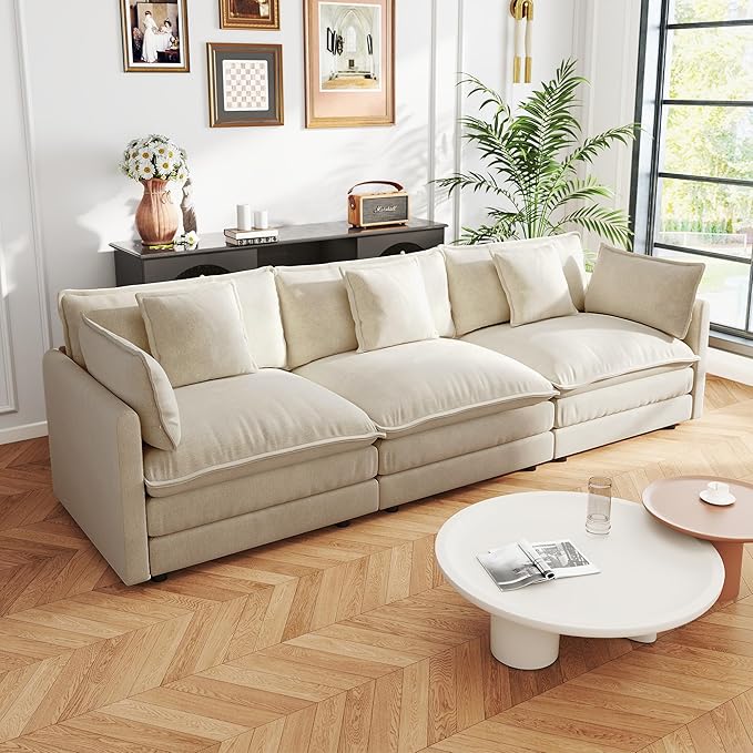 111.5 Sofa Modular Sectional Cloud Couch 3-Seat Chenille Deep Seat Sofa with Pillow for Living Room Bedroom and Apartment Light Coffee