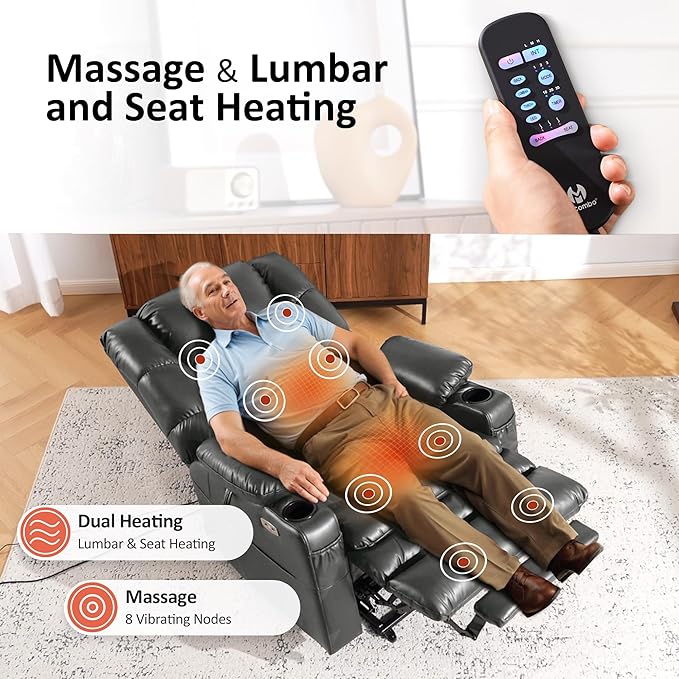 MCombo Large Triple Motor Power Lift Recliner Chair with Massage and Dual Heating Adjustable Headrest for Tall Elderly People Faux Leather 7634 (Dark Grey Large)