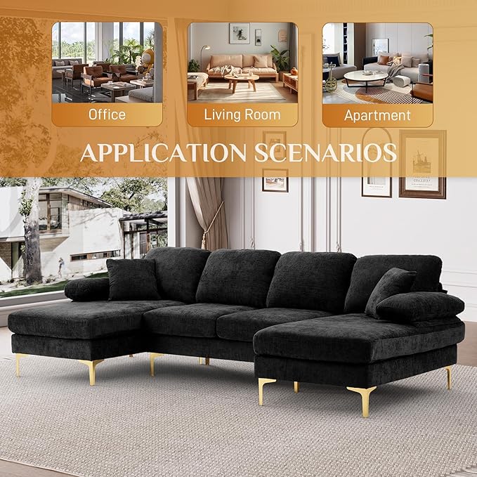 OUYESSIR 112 Cloud Sectional Sofa with Extra Deep SeatU Shaped Sectional Couches for Living Room4 Seater Chenille Sofas &amp CouchesModern Apartment Couch with Double Chaise Lounge Black