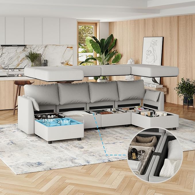 114.17 Modular Sectional Sofa 6 Seat Modular Couch with Storage Memory Foam Convertible Sectional Couches for Living Room U Shaped Comfy Modular Sofa with Chaise Light Grey