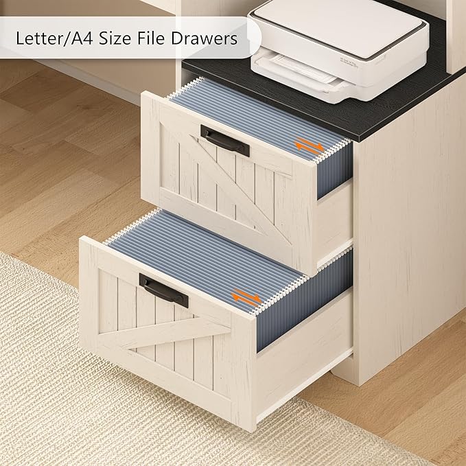 TVU Farmhouse L Shaped Desk with Drawers 62.2 Home Office Desk with Storage Shelves and Power Outlet L Shaped Computer Desk with Monitor Stand and Printer Shelf Black and White