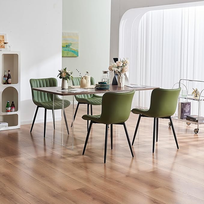 YOUNUOKE Mid-Century Modern Dining Chairs Set of 2 Olive Green PU Leather Upholstered Kitchen Chairs with Black Metal Legs Armless Accent Side Chair for Dining Room Guest Reception Room