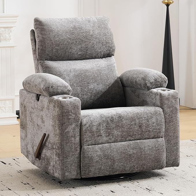 Swivel Rocker Recliner with Adjustable Armrests Rocking Nursery Chair with Adjustable Headrest Cup Holder Manual Recliner Nursing Chair for Breastfeeding Chenille Dark Grey