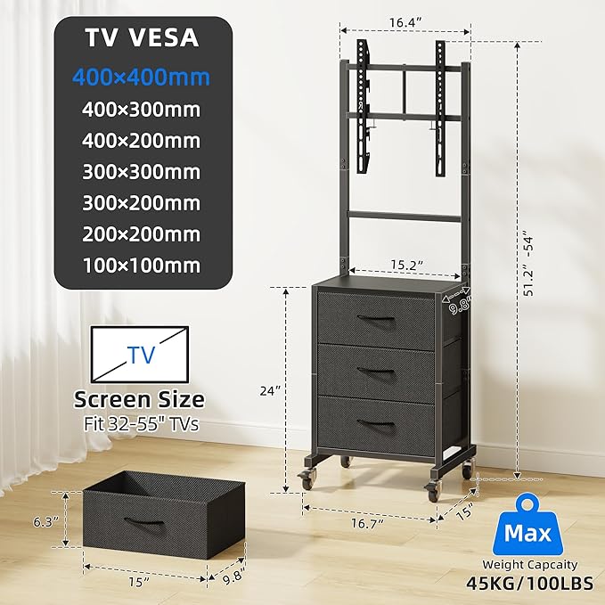 GYIIYUO Rolling TV Stand with 3 Storage Fabric Drawers/Mount/Wheels Small Mobile TV Stand for 32-55 inch TVs Corner TV Cart for BedroomOfficeLiving Room(Black)