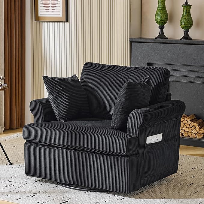 Karl home 39 Swivel Accent ChairOversized Seat Armchair W/2 Pillows and 4 PocketsModern Upholstered Corduroy Barrel ChairsComfy Single Sofa for Living RoomReadingBedroom and Office -Black