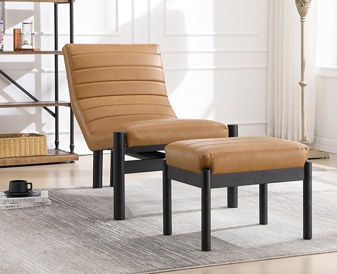 EALSON Modern Accent Chair with Ottoman Brown Leather Upholstered Seater with High Backs Unique Design Wood Frame Armless for Living Room/Bedroom Reading/Office Use